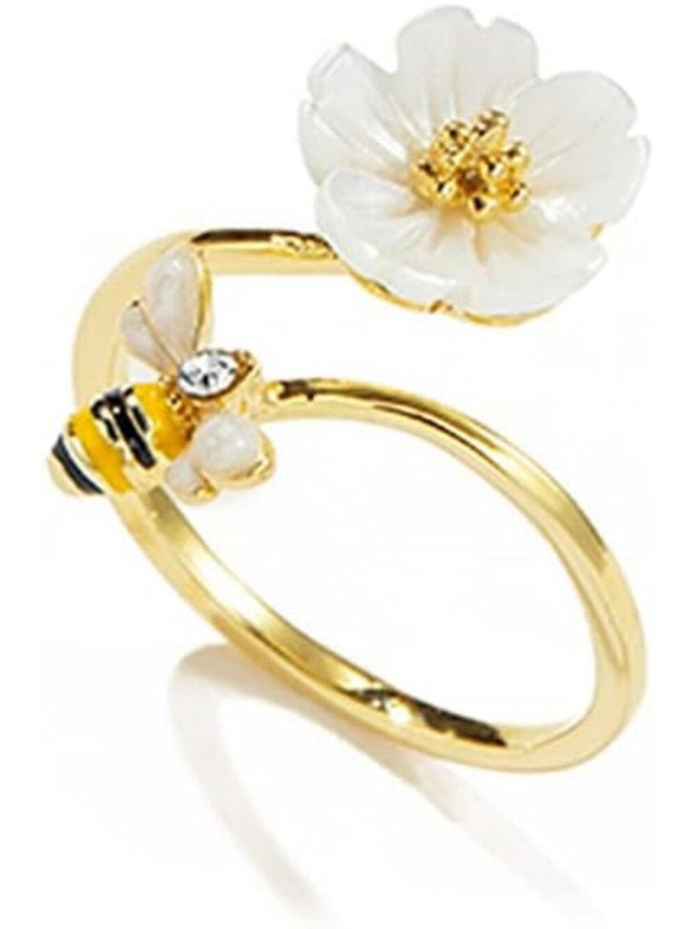 Dainty Adjustable Honey Bee & Daisy Flower Ring - 925 Silver & Gold Plated
